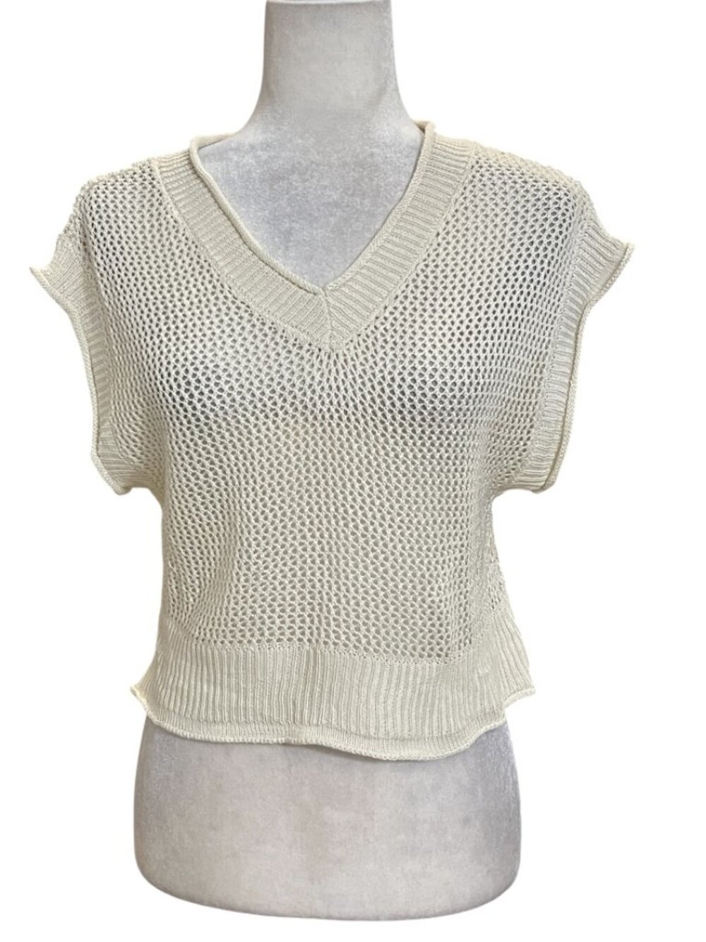 Pink Latte Knit Vest Womens L Cream Mesh Crochet Sleeveless Crop Sweater Japan